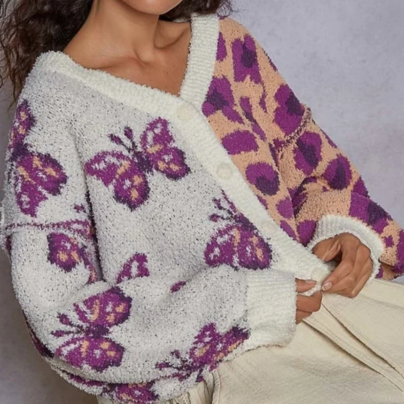 POL Butterfly & Leopard Contrast Cardigan, NIB, MED, Peach/Purple, New Release🦋 - Picture 1 of 16